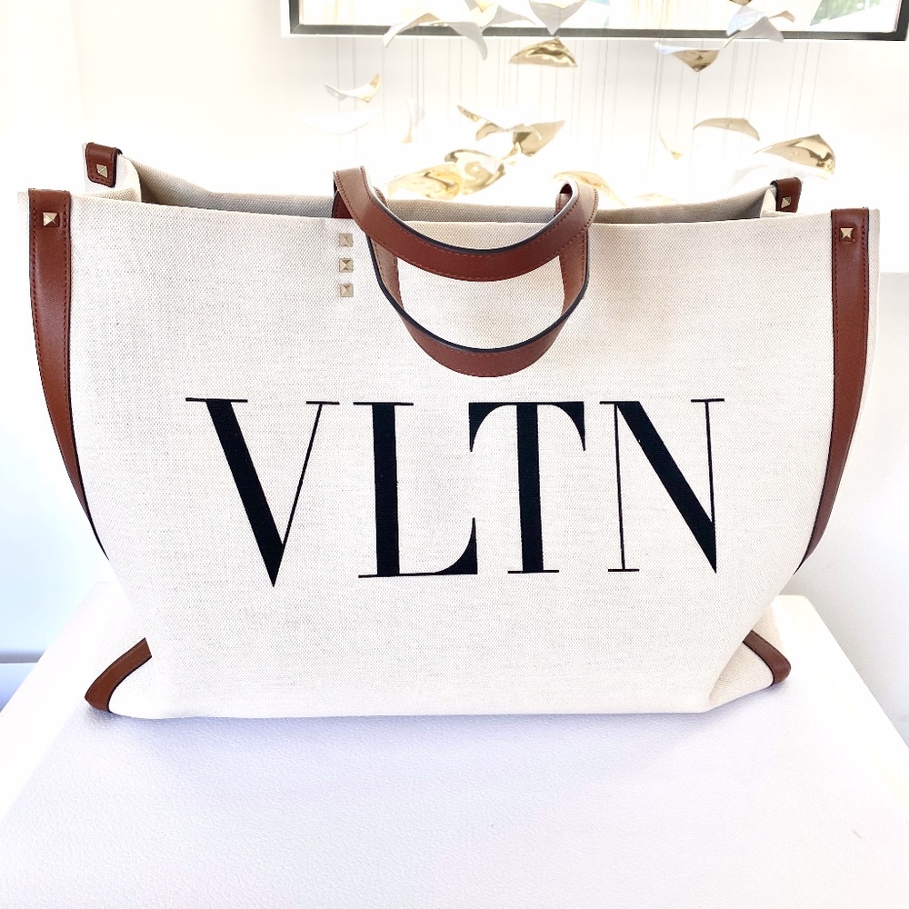 Large Valentino canvas tote bag w leather handles
